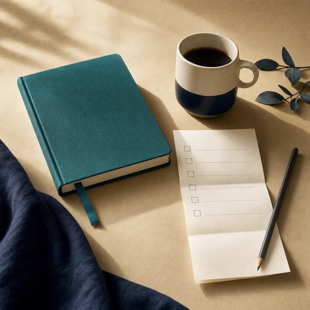 Teal notebook, coffee, checklist, and pencil on a warm stone desk